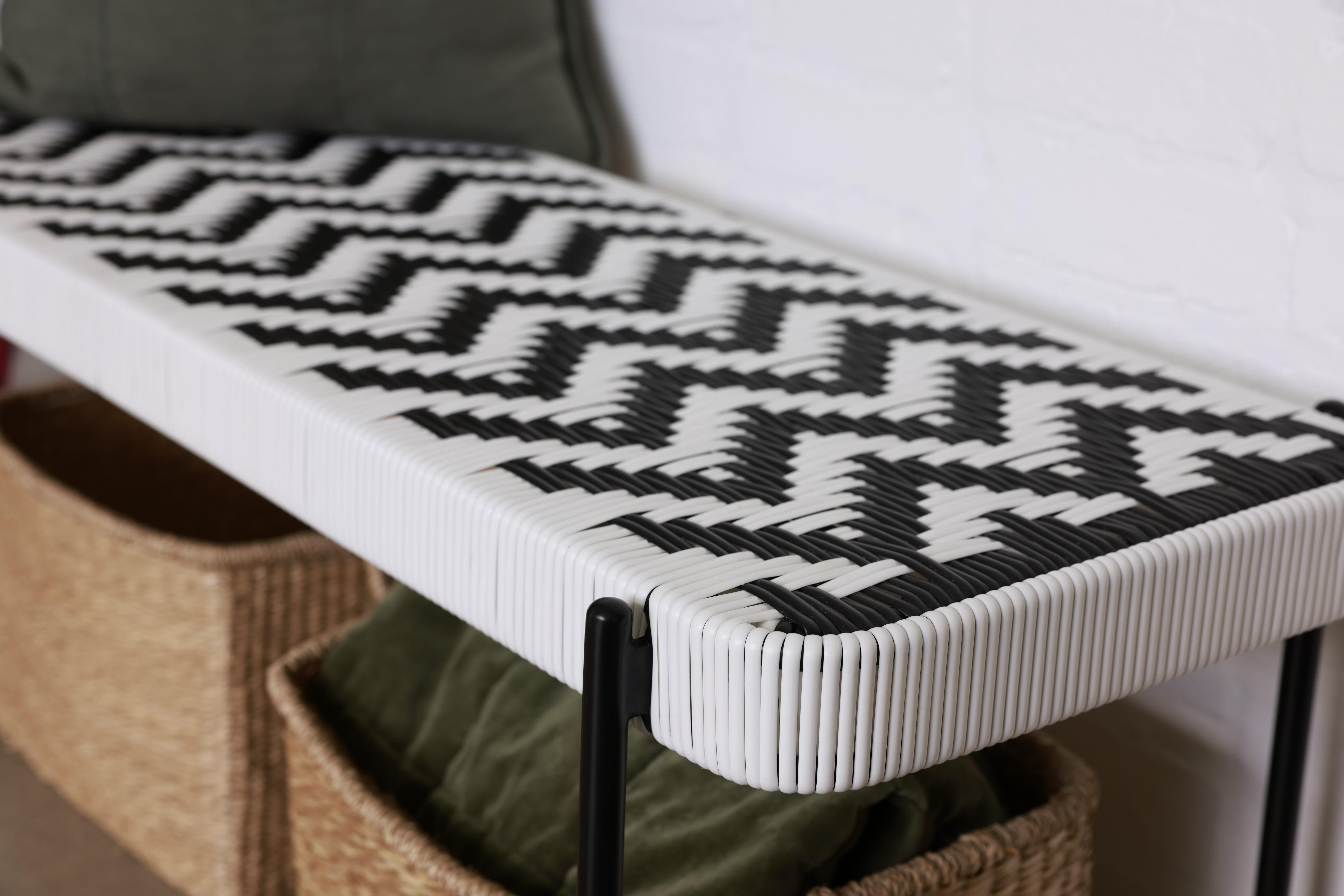 Metal Indoor Outdoor, Monochrome Bench Seat by Frida & Blu, Handwoven For Sale