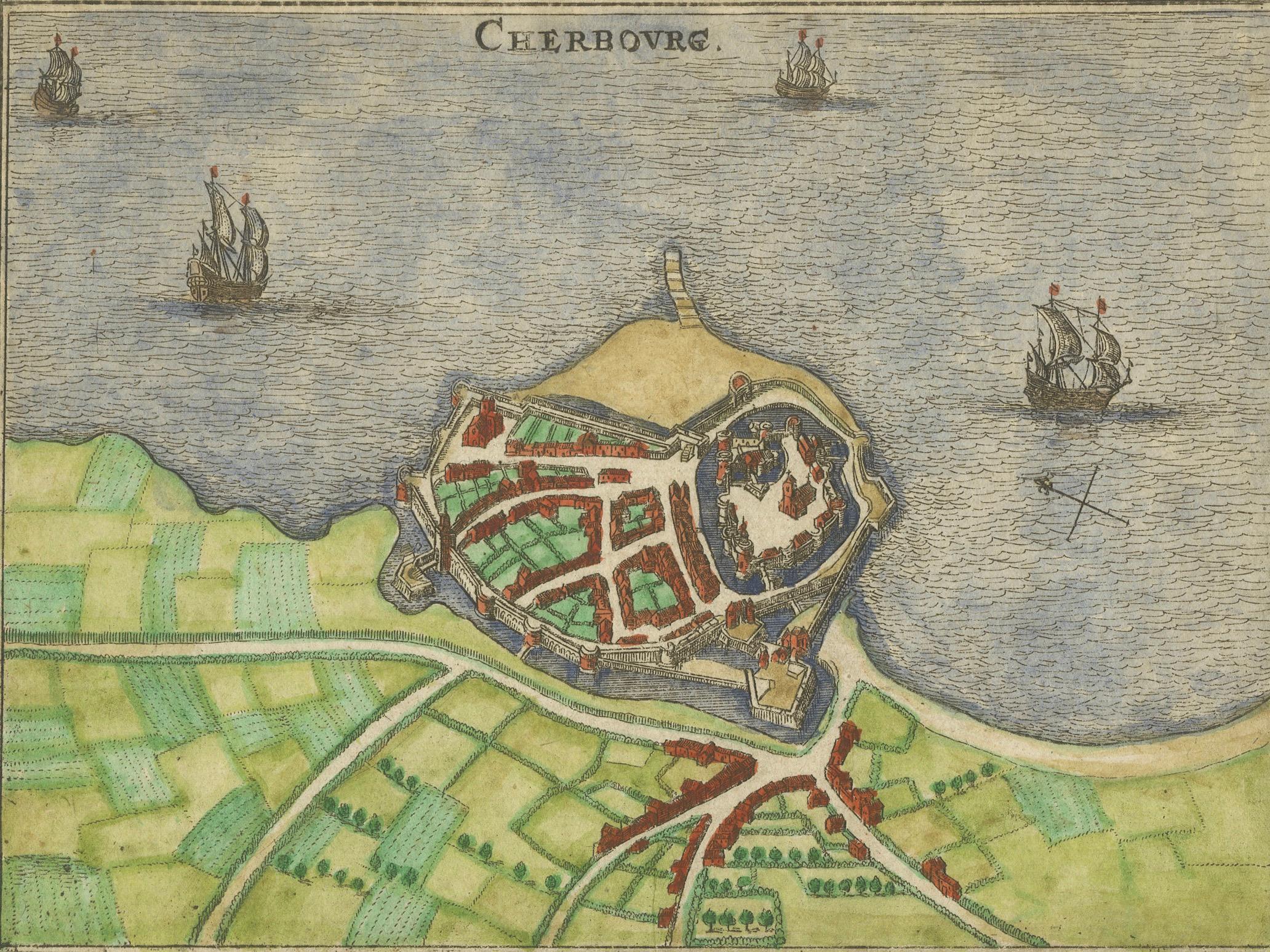 Cherbourg – Antique Hand-Coloured French Coastal Town Engraving (1666)