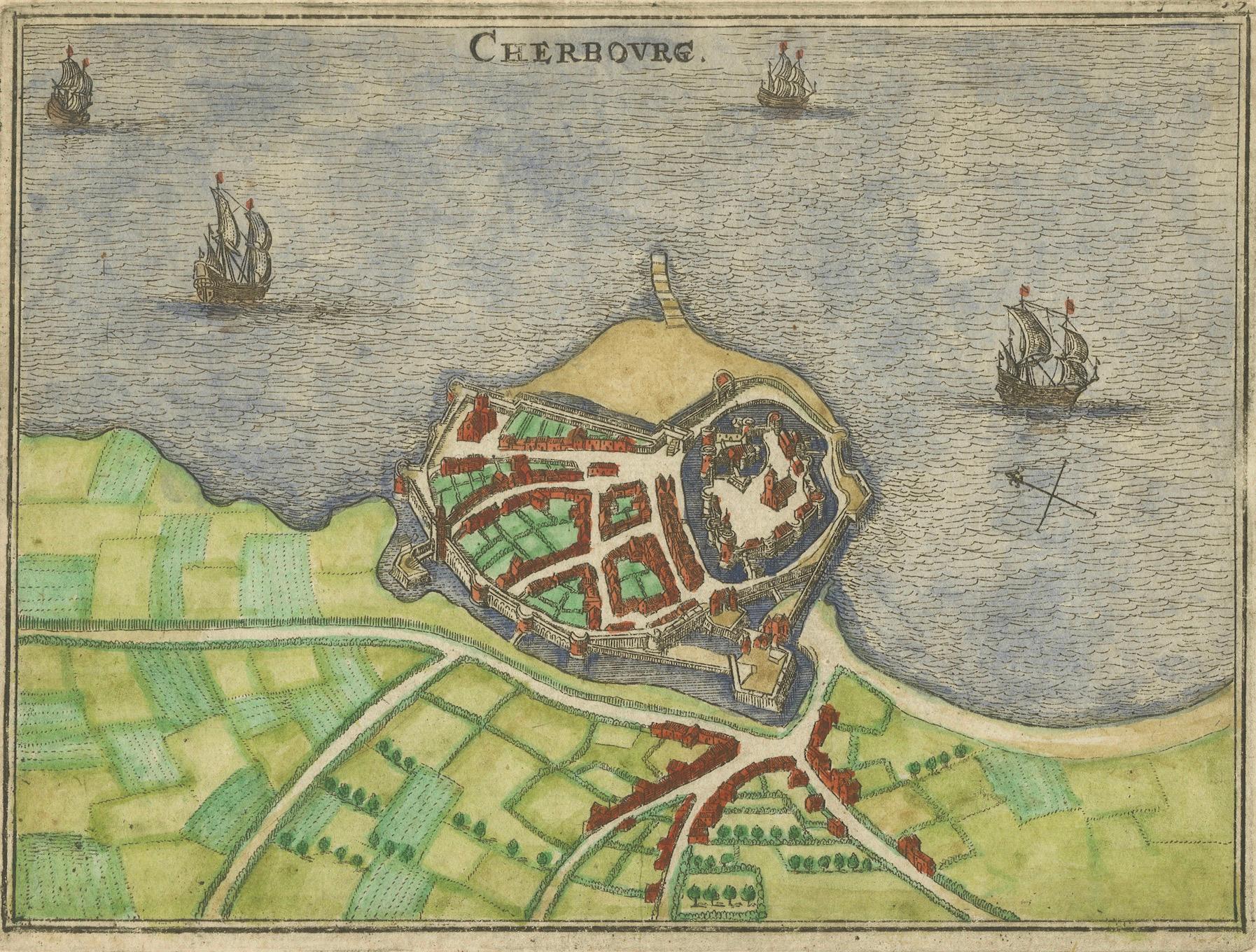 Cherbourg – Antique Hand-Coloured French Coastal Town Engraving (1666)