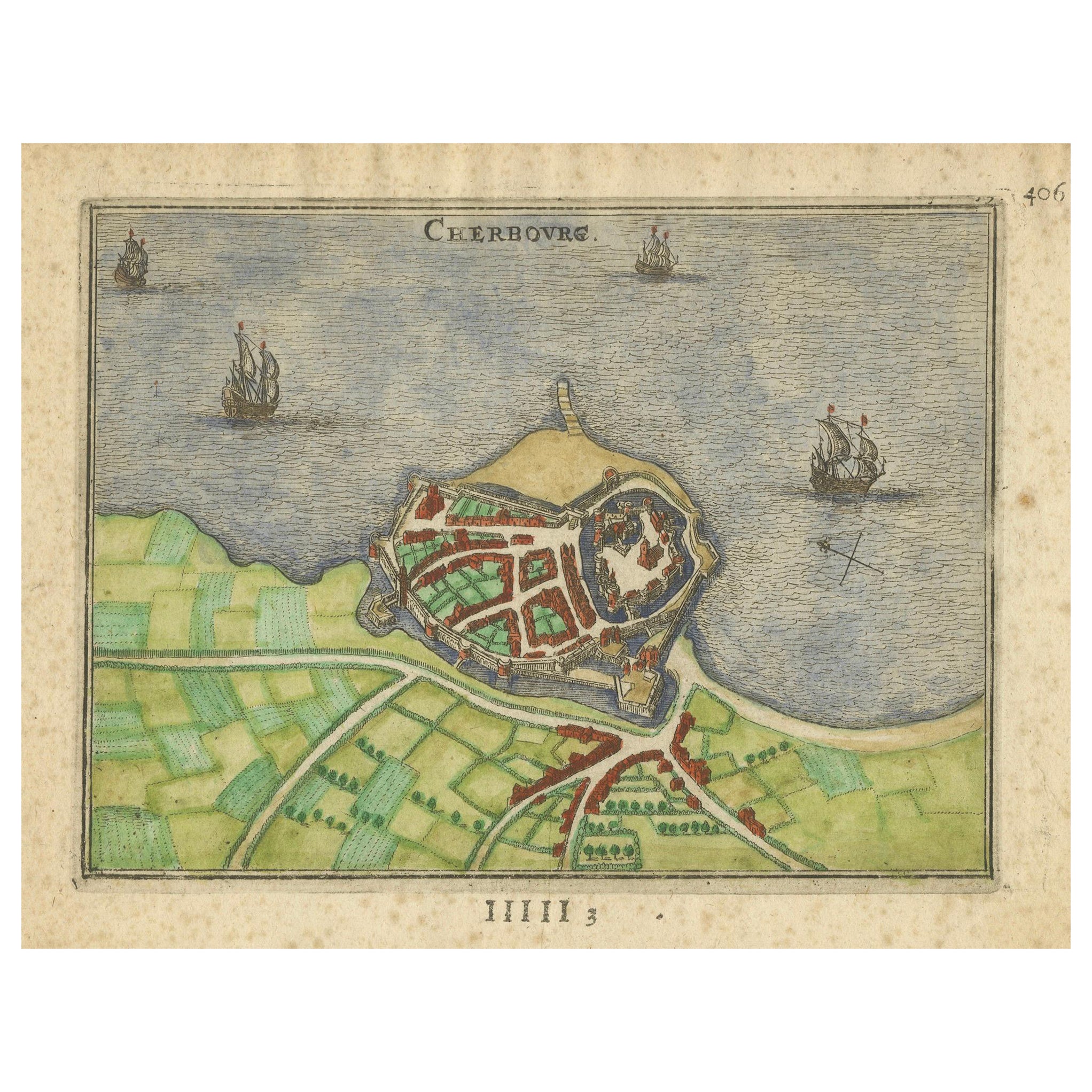 Cherbourg - Antiker handkolorierter Kupferstich einer französischen Küstenstadt (1666)