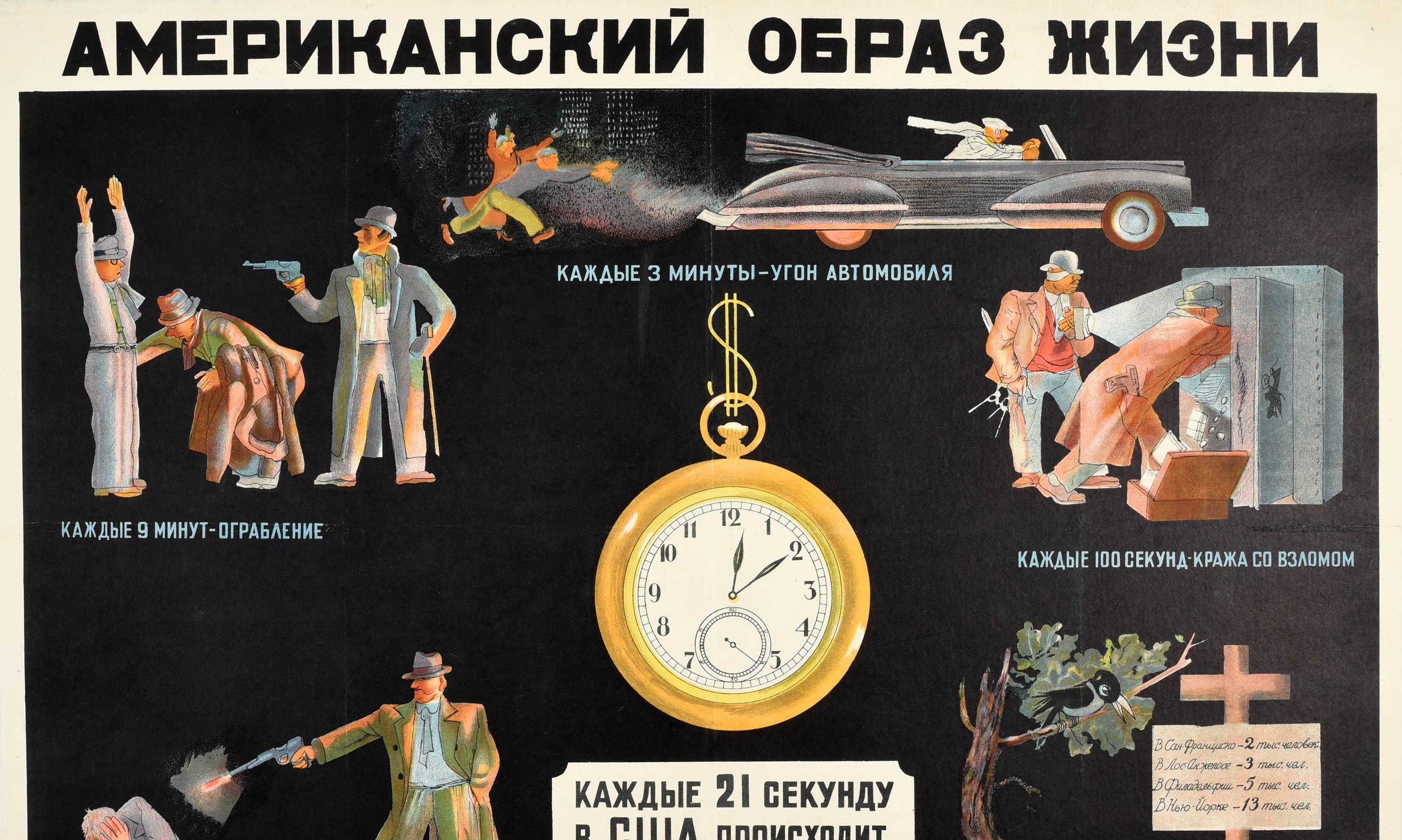 Original Vintage USSR Poster American Lifestyle Crime Anti-USA Soviet Propaganda - Print by Cheremnykh