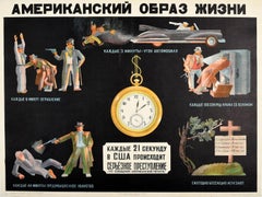 Original Vintage URSS Cartel Estilo de Vida Americano Crimen Anti-EEUU Propaganda Soviética