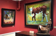 "A Spring to Her Step" Painterly Dramatically Lit Cow with Bright Greens, Blues