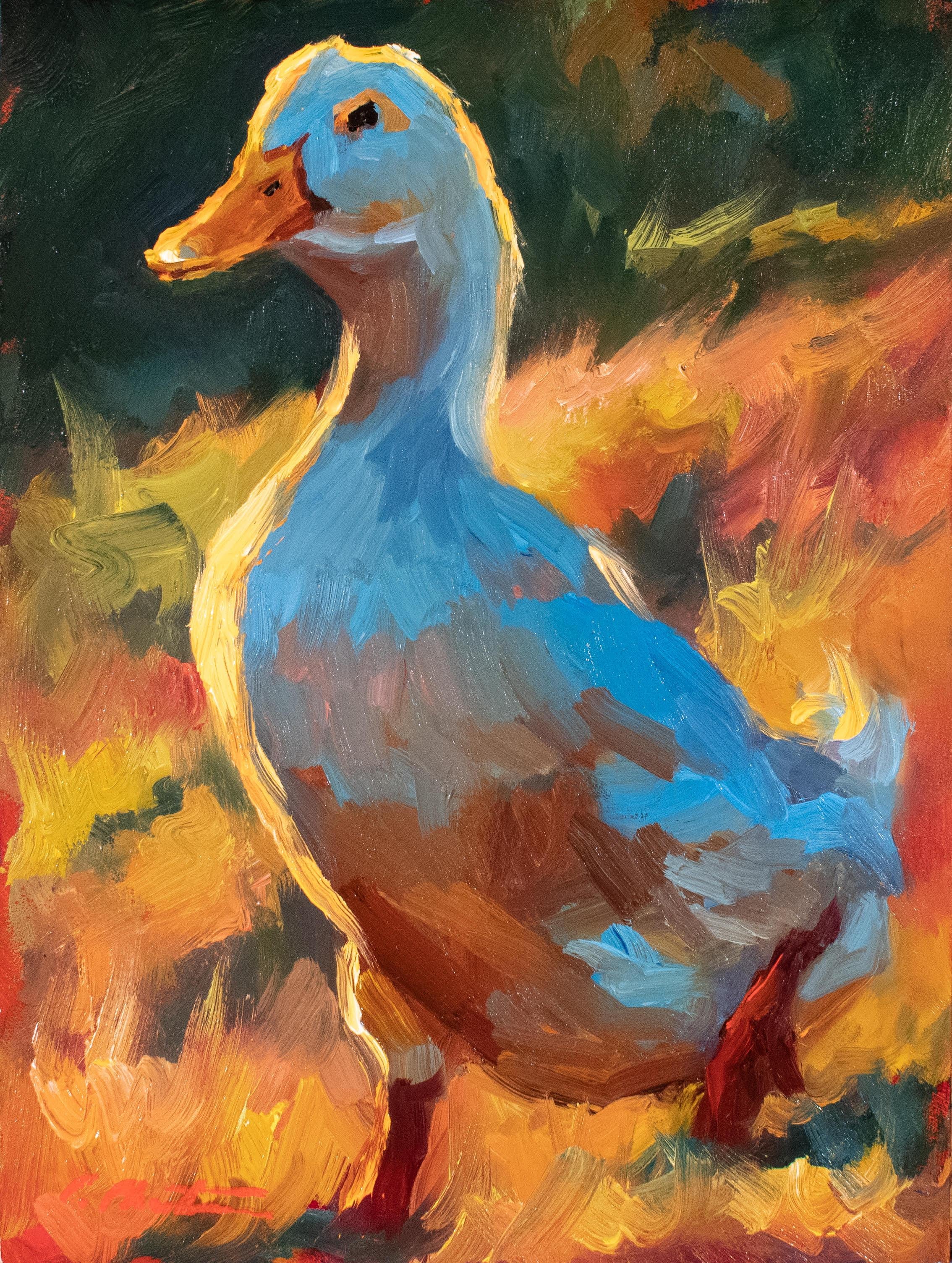 Cheri Christensen Animal Painting - "A Sunday Stroll II" small scale oil painting of a white duck with backlighting