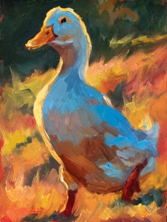 "A Sunday Stroll II" small scale oil painting of a white duck with backlighting