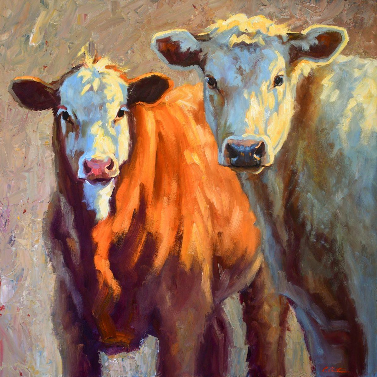 Cheri Christensen Animal Painting - "Around Here" impressionist style oil painting of a brown and white cow 