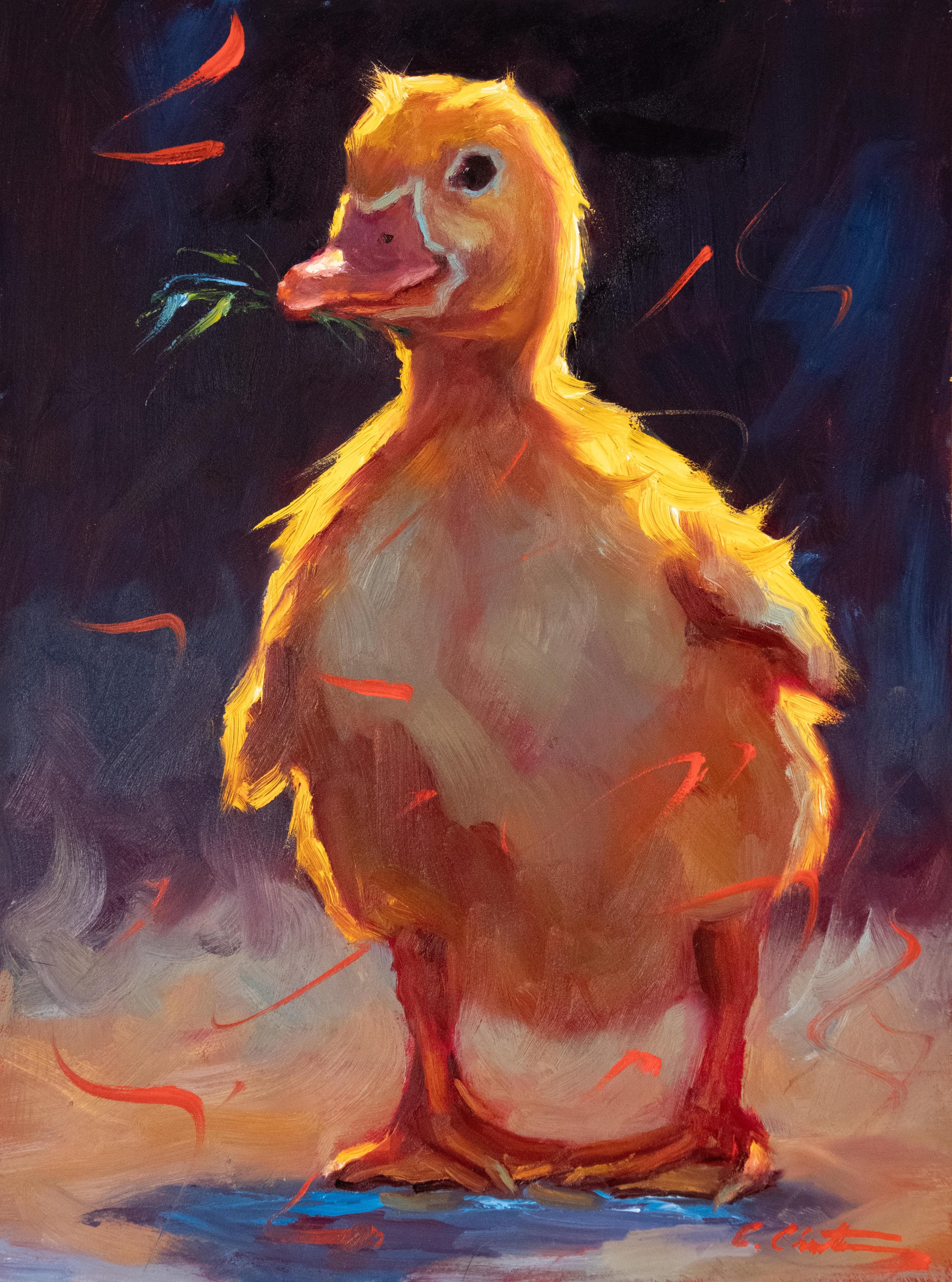 Cheri Christensen Animal Painting - "Backlit Mischeif" Oil painting of a golden sunlit duckling