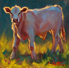 "Calf in the Grass" Oil painting of a calf standing in grass with back lighting