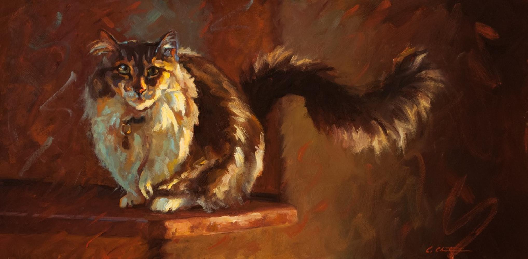 Cheri Christensen Animal Painting - Cat on the Ledge, Impressionism, Oil, Feline, Texas Artist, Cats, Interior