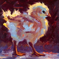 "Chick in the Wind" oil painting of a yellow chick with dark red background