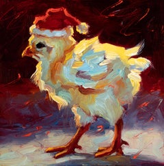 "Chick Kringle" oil painting of a sunlit golden chick in a holiday Santa hat