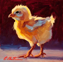 Peinture à l'huile « Confidence Chick » d'une chèvre jaune de profil