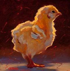 « Contemplative Chick » - Peinture élégante en jaune vif, fond violet foncé