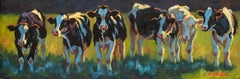 "Cowgirls" oil painting of black and white cows in a row with grass behind