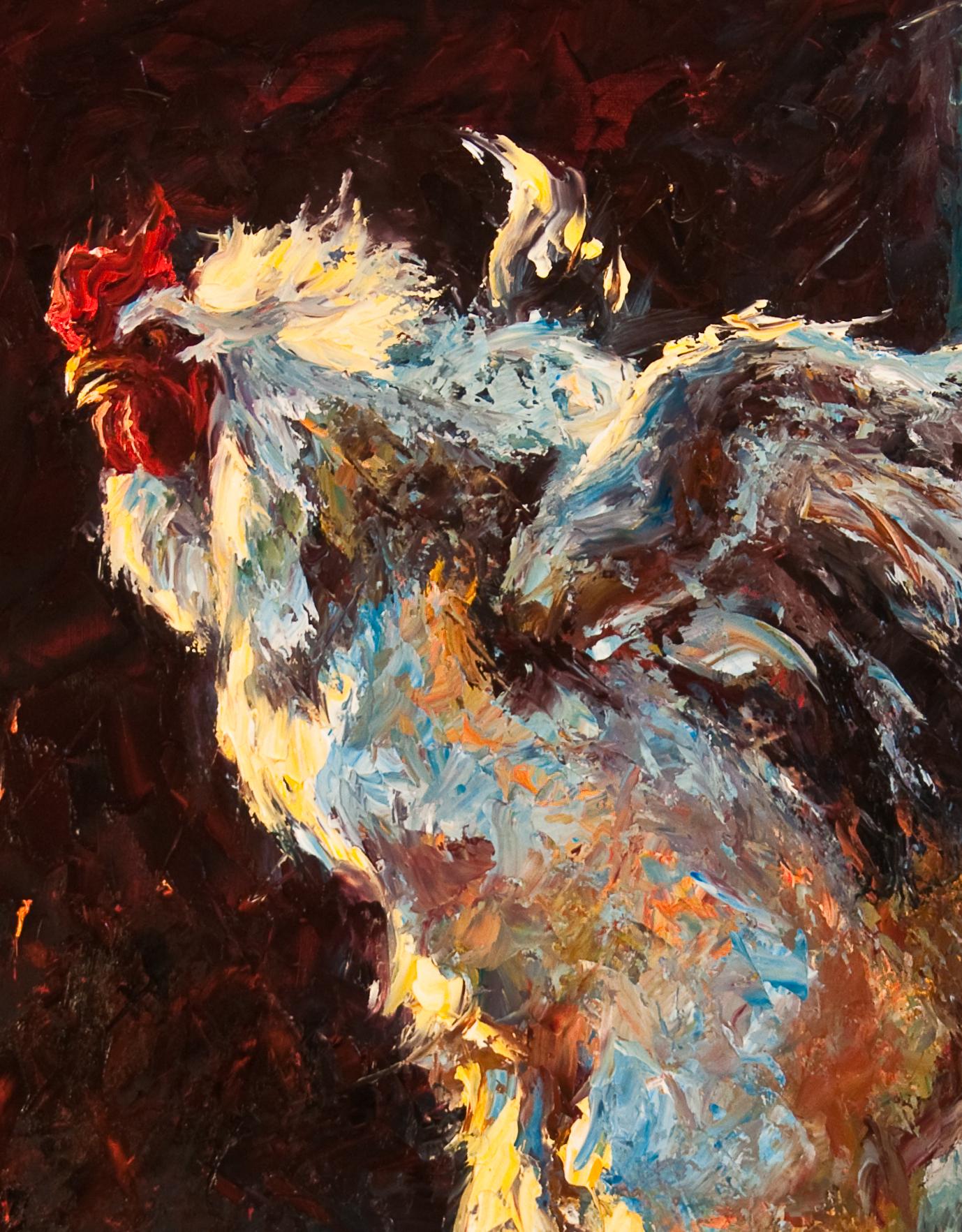 Esperando que salga el sol  pintura, pintura de gallo tejano, artista tejano - Painting de Cheri Christensen