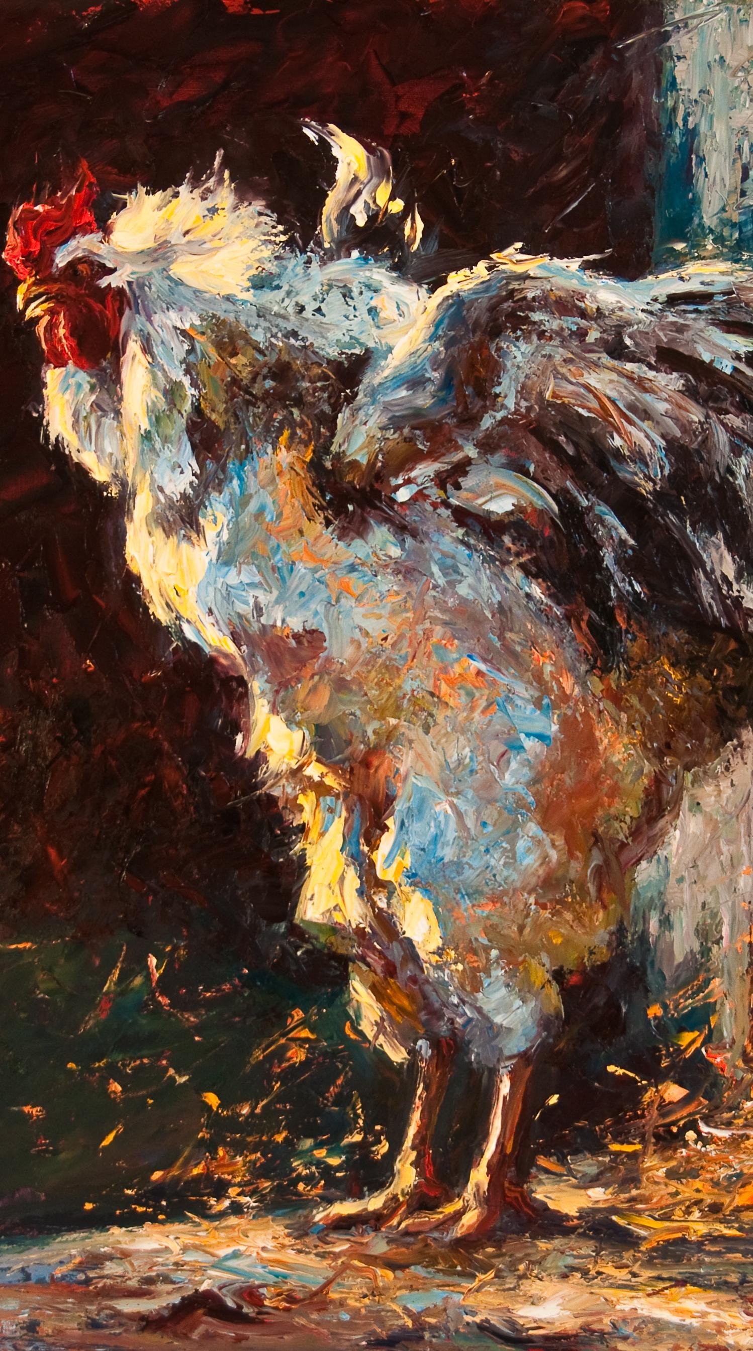 Esperando que salga el sol  pintura, pintura de gallo tejano, artista tejano - Painting Impresionista abstracto de Cheri Christensen