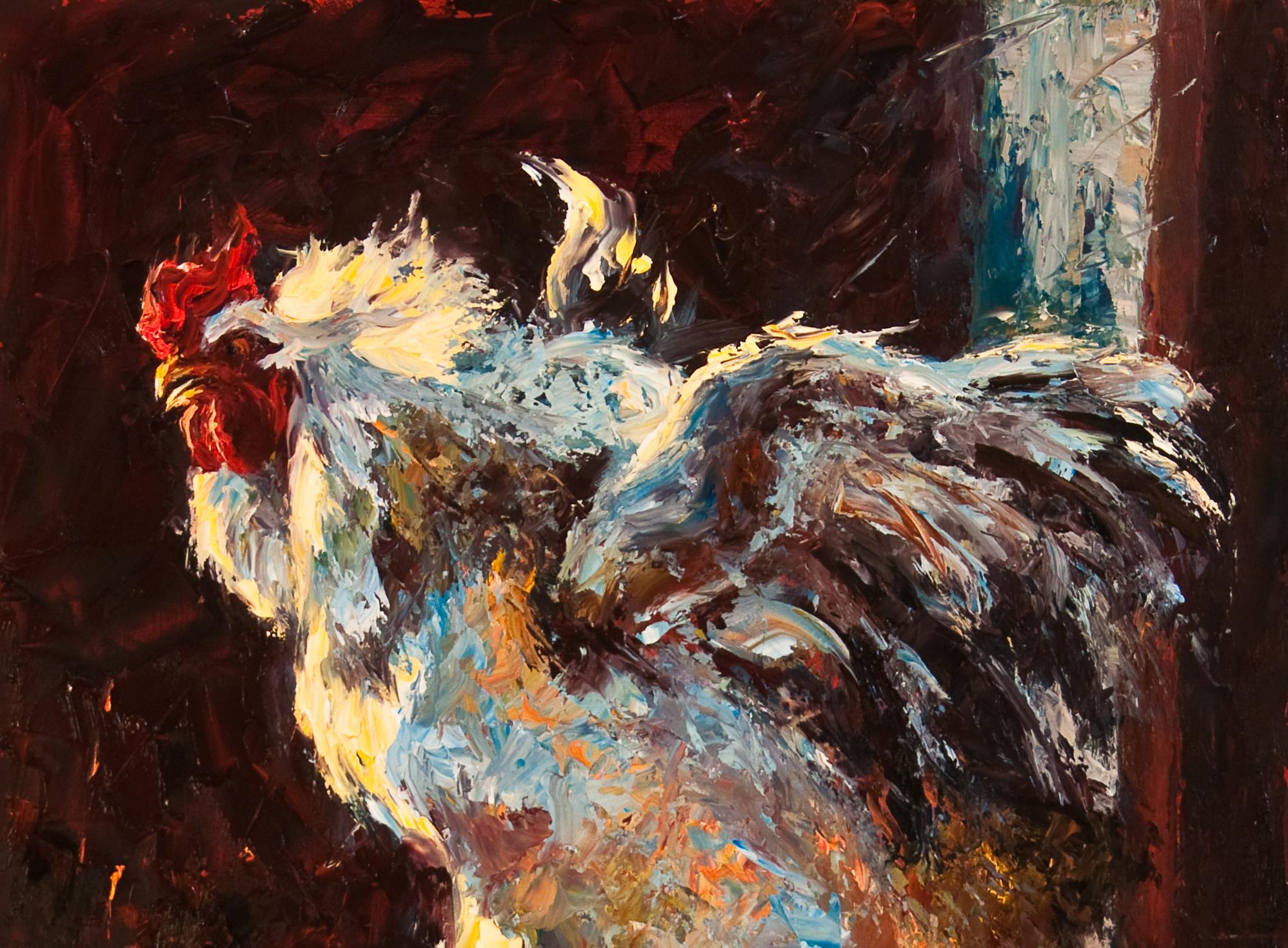Esperando que salga el sol  pintura, pintura de gallo tejano, artista tejano - Landscape Painting Negro de Cheri Christensen