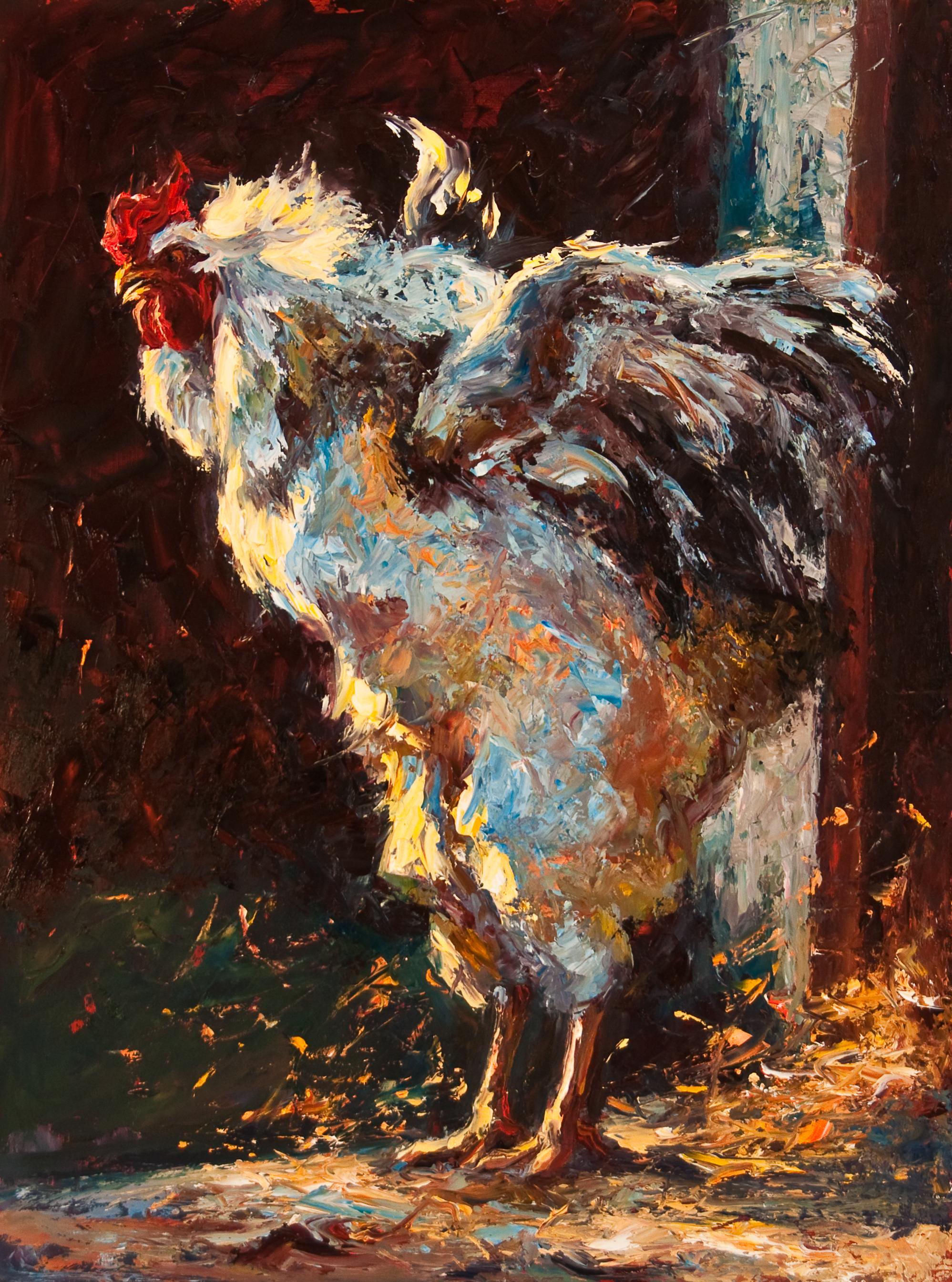 Esperando que salga el sol   es una pintura al óleo de un Gallo de Texas brincando en el campo. Mide 24 x 18  y viene con un marco hecho a medida.

Declaración del artista: 

