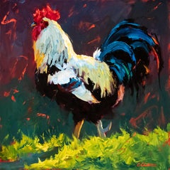 "Crowned in Light" oil painting of a sunlit rooster on green grass
