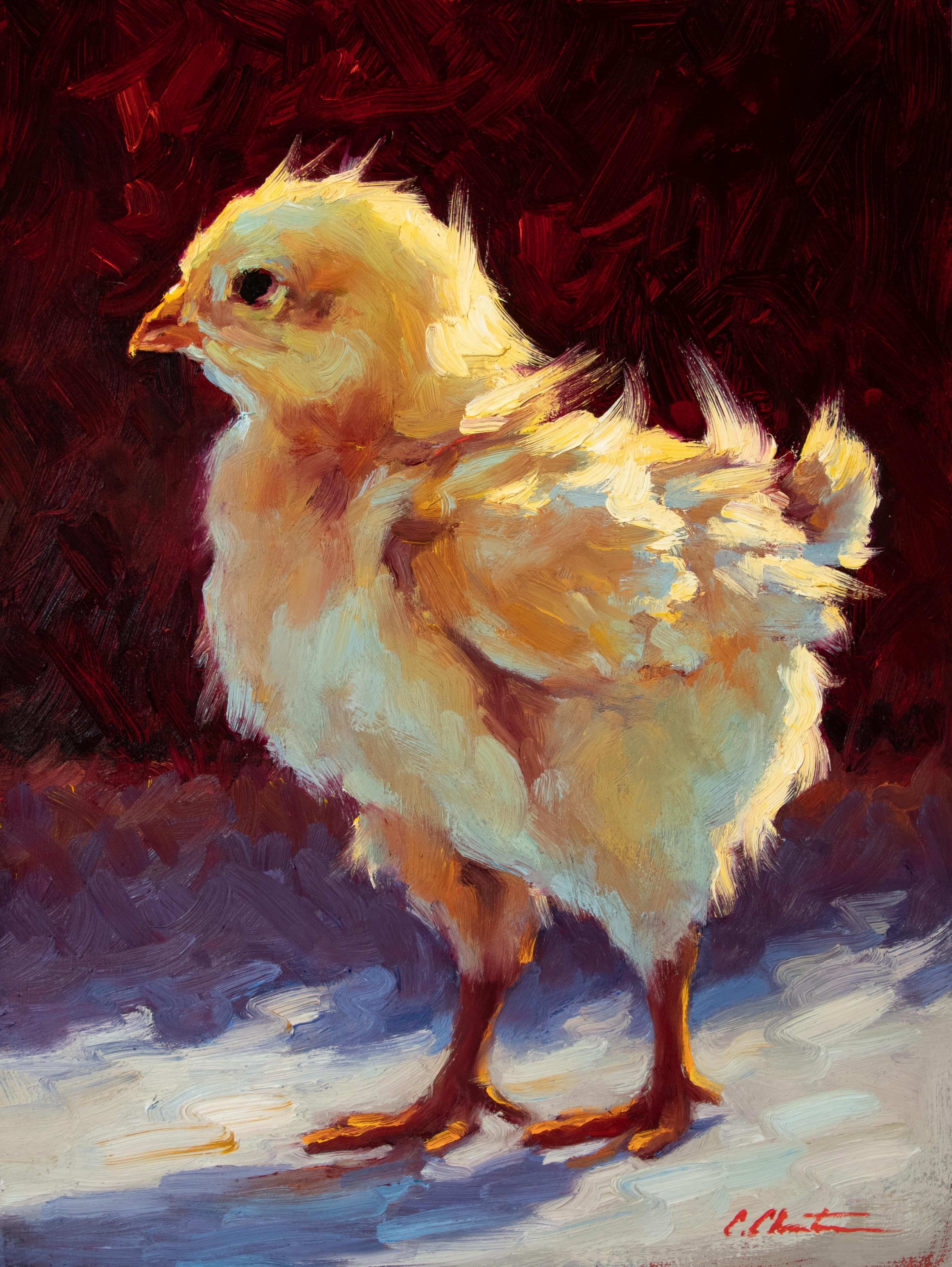 Cheri Christensen Animal Painting - "Determined Chick" oil painting of a yellow baby chicken with backlighting