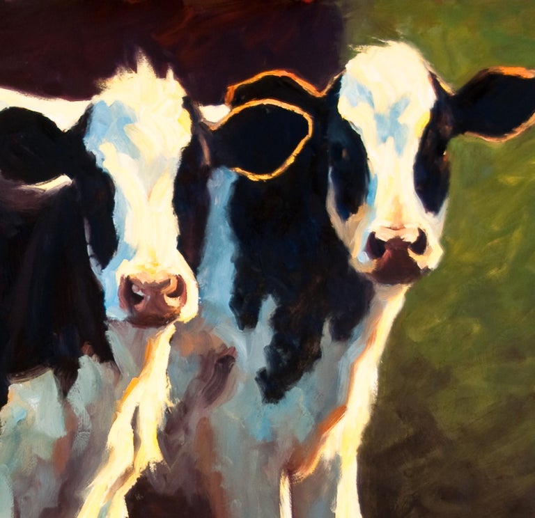 Double Trouble , oil painting, Texas Livestock, Cattle & Landscape, Hill Country - Painting by Cheri Christensen