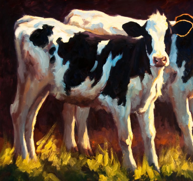 Double Trouble , oil painting, Texas Livestock, Cattle & Landscape, Hill Country - Abstract Impressionist Painting by Cheri Christensen