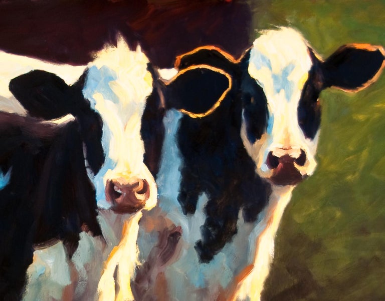 Double Trouble , oil painting, Texas Livestock, Cattle & Landscape, Hill Country - Black Landscape Painting by Cheri Christensen