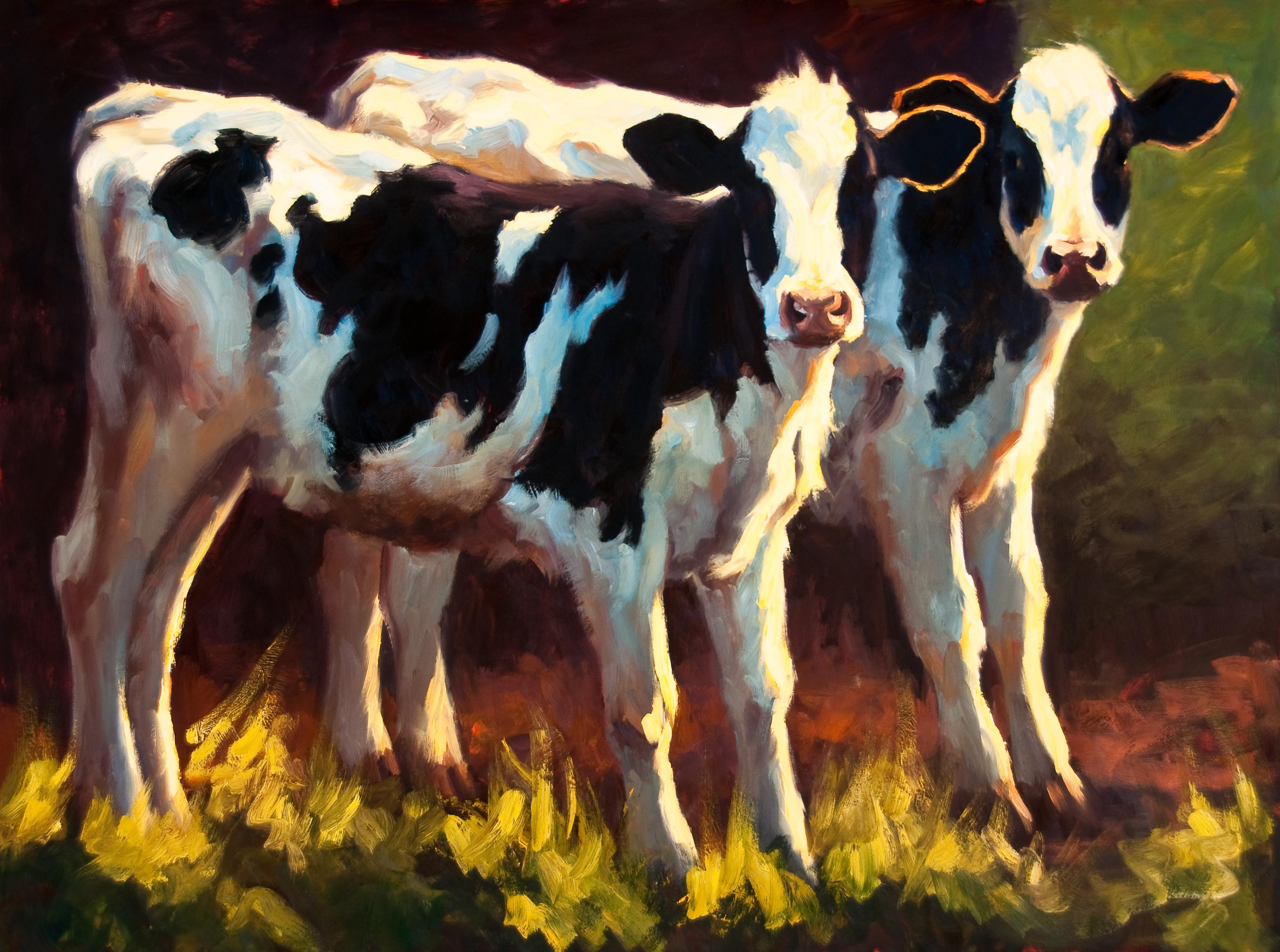 Cheri Christensen Animal Painting - Double Trouble , oil painting, Texas Livestock, Cattle & Landscape, Hill Country