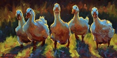 "Duck Gangs" impressionist style oil painting of 5 white ducks in a line