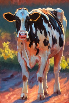 "Ellie" vertical oil painting of a black and white cow with back lighting