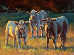 "Evening in the Field" impressionist style oil painting of three light cows
