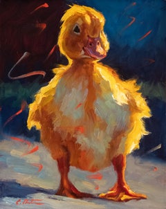 "Feathered Whimsy" playful oil painting of a little chick