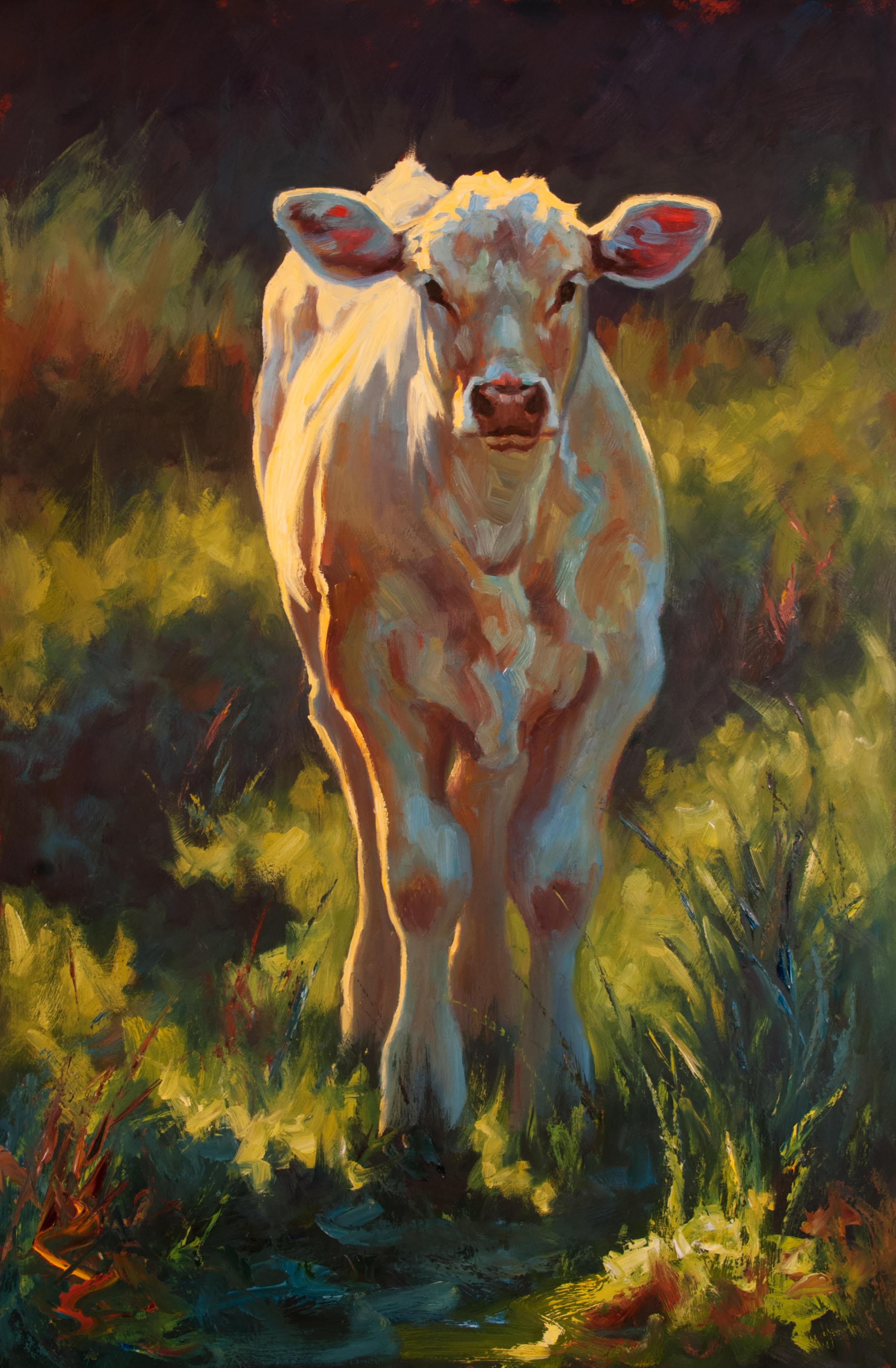 Cheri Christensen Animal Painting - "Fredrickburg Calf" Impressionist style painting of white calf in green grass