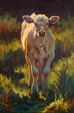 "Fredrickburg Calf" Impressionist style painting of white calf in green grass