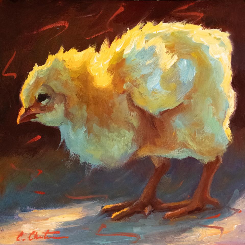 Animal Painting Cheri Christensen - "Golden Girl", poussin duveteux qui se penche, illuminé par la lumière du soleil.