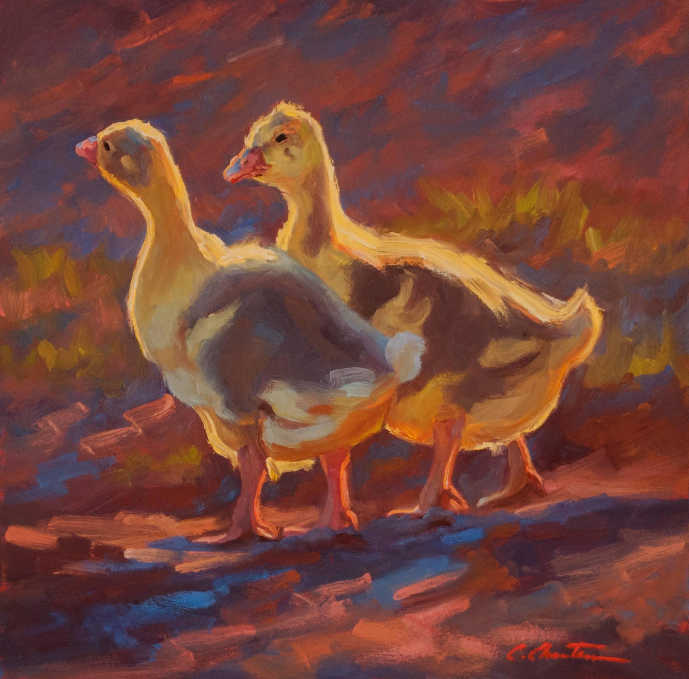 Cheri Christensen Animal Painting - Goslings in the Evening