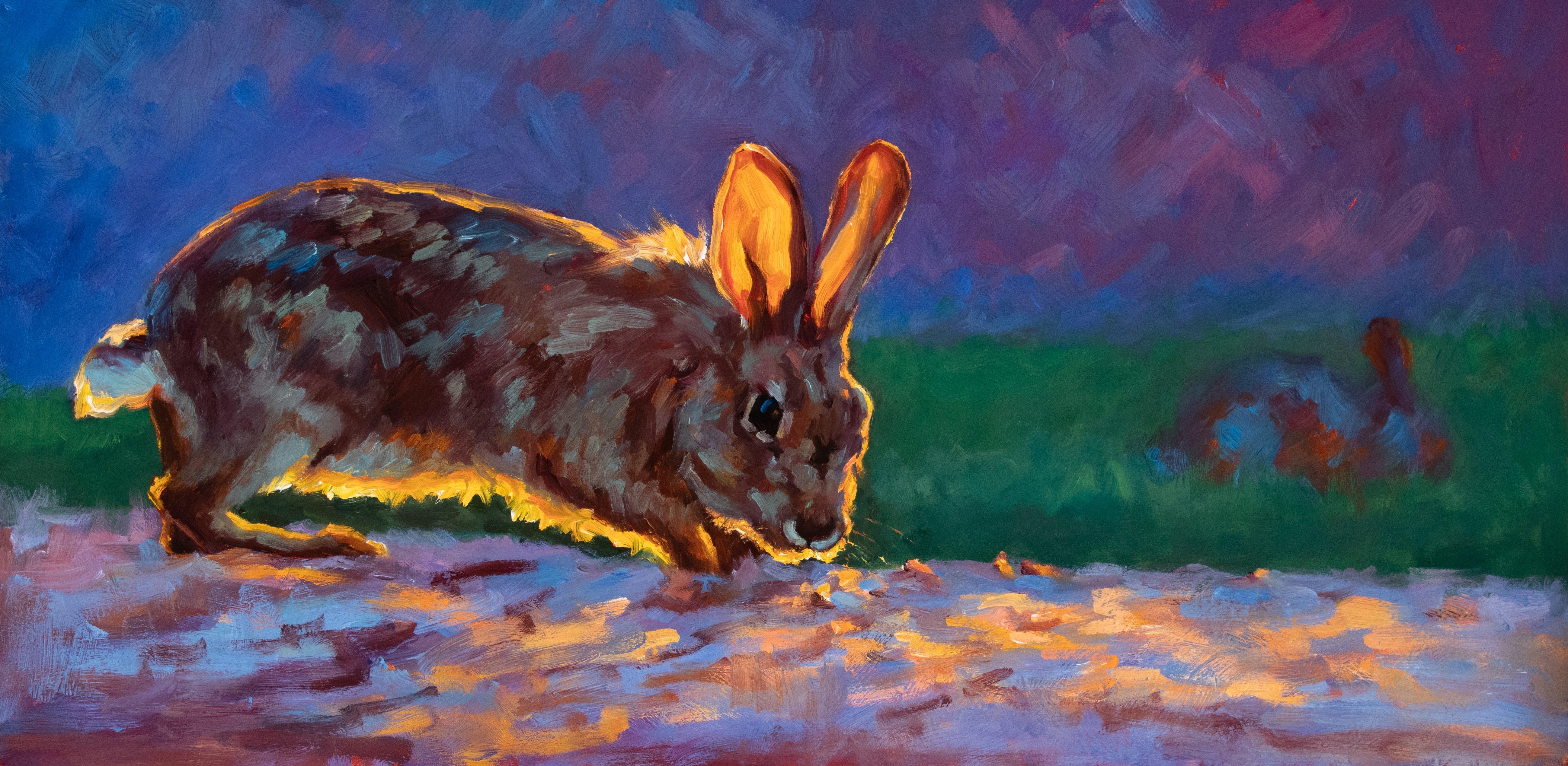 "Hazel's Adventure" oil painting of a brown rabbit with golden light & dark back