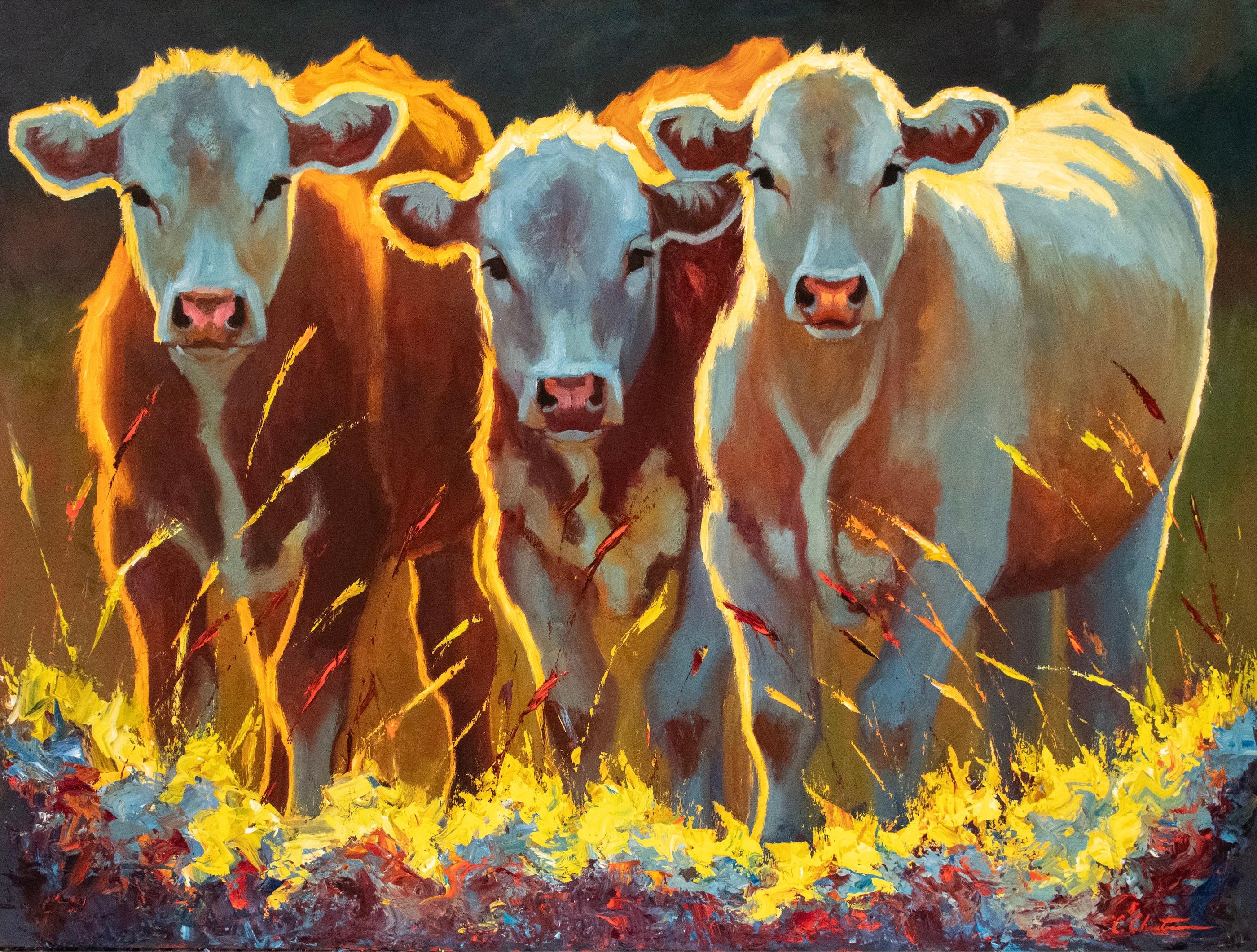 Cheri Christensen Animal Painting – "Neugierige Kälber" 3 Kühe auf einer Wiese stehen im Sonnenlicht