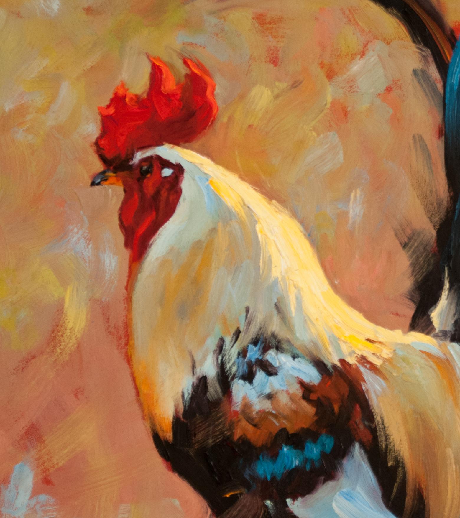 Lord of Luckenback, peinture à l'huile, animaux texans, peinture de coq, artiste texan - Painting de Cheri Christensen