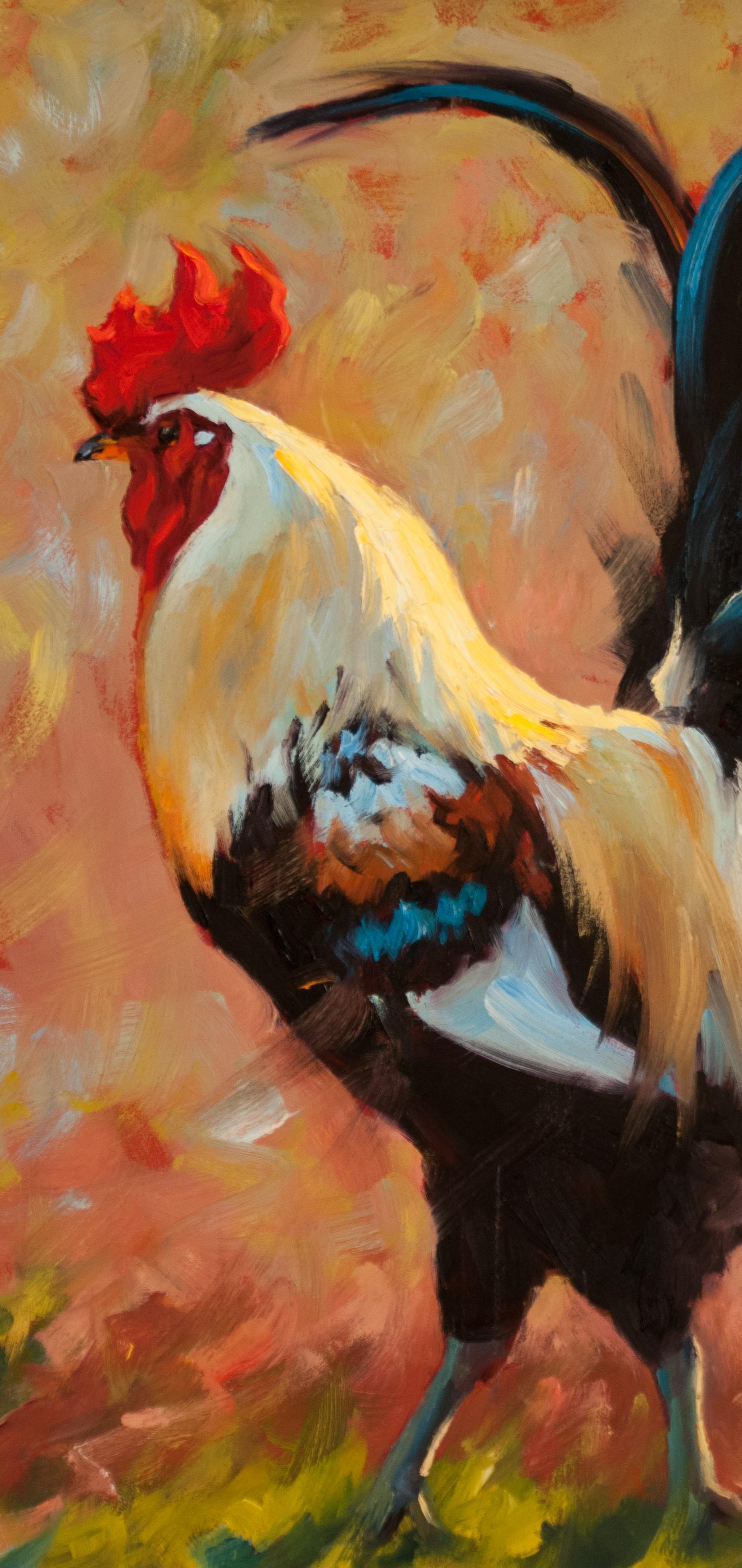 Lord of Luckenback, peinture à l'huile, animaux texans, peinture de coq, artiste texan - Impressionnisme américain Painting par Cheri Christensen