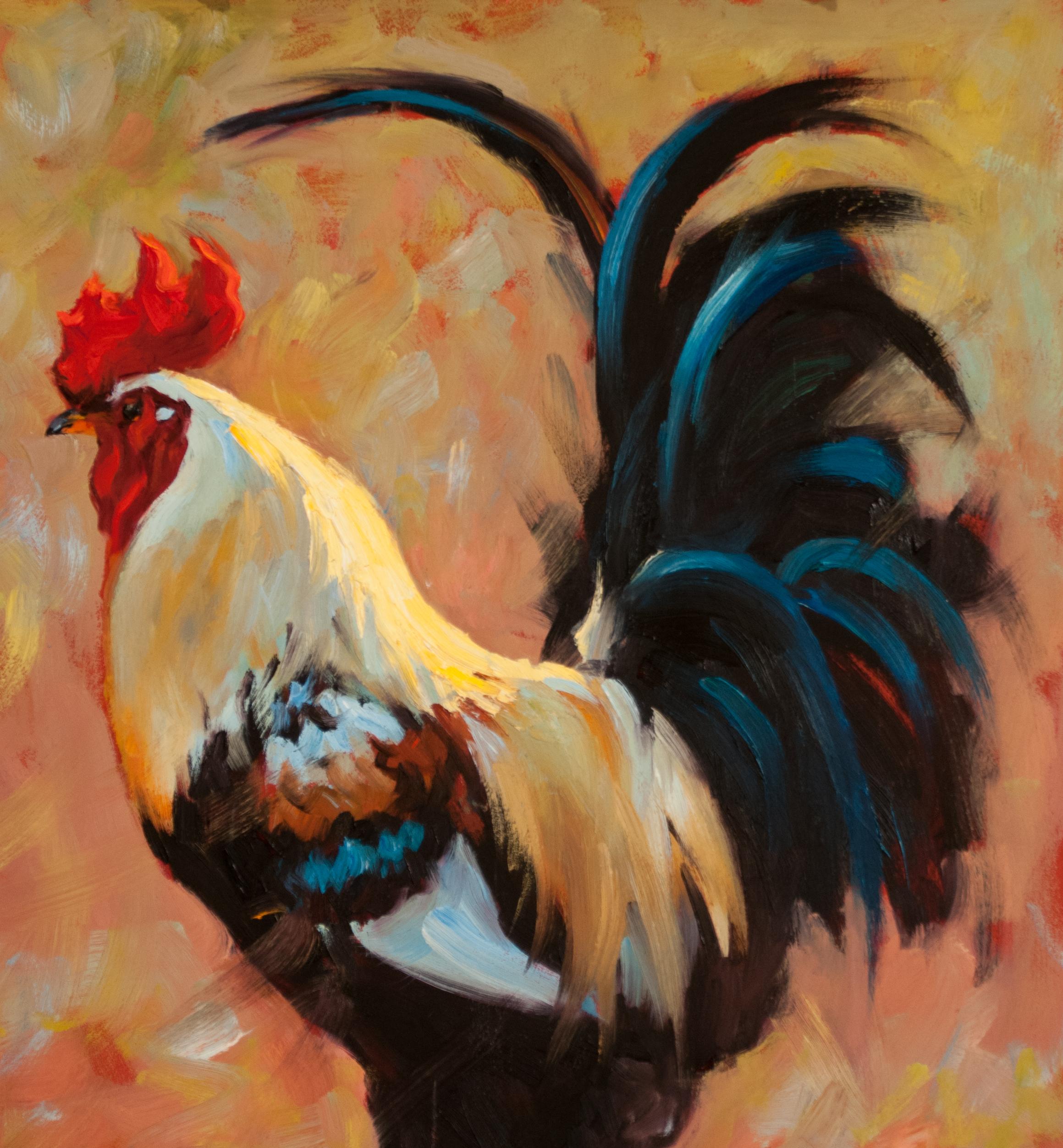 Lord of Luckenback, peinture à l'huile, animaux texans, peinture de coq, artiste texan - Marron Landscape Painting par Cheri Christensen