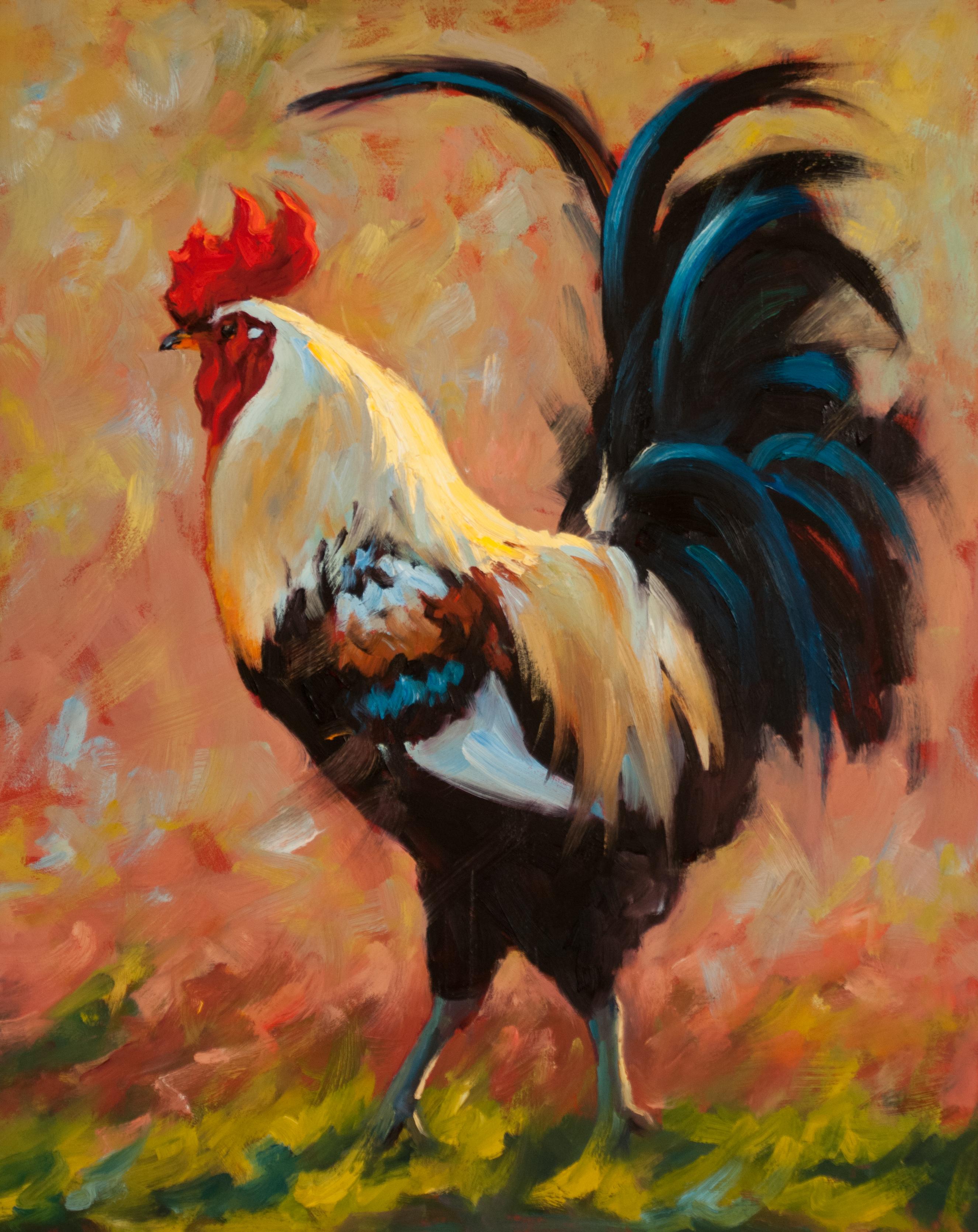 Landscape Painting Cheri Christensen - Lord of Luckenback, peinture à l'huile, animaux texans, peinture de coq, artiste texan