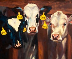 Laitières 30" x 36" Huile sur panneau Impressionniste américain Bovin Veau $12000