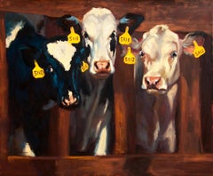 Laitières 30" x 36" Huile sur panneau Impressionniste américain Bovin Veau $12000