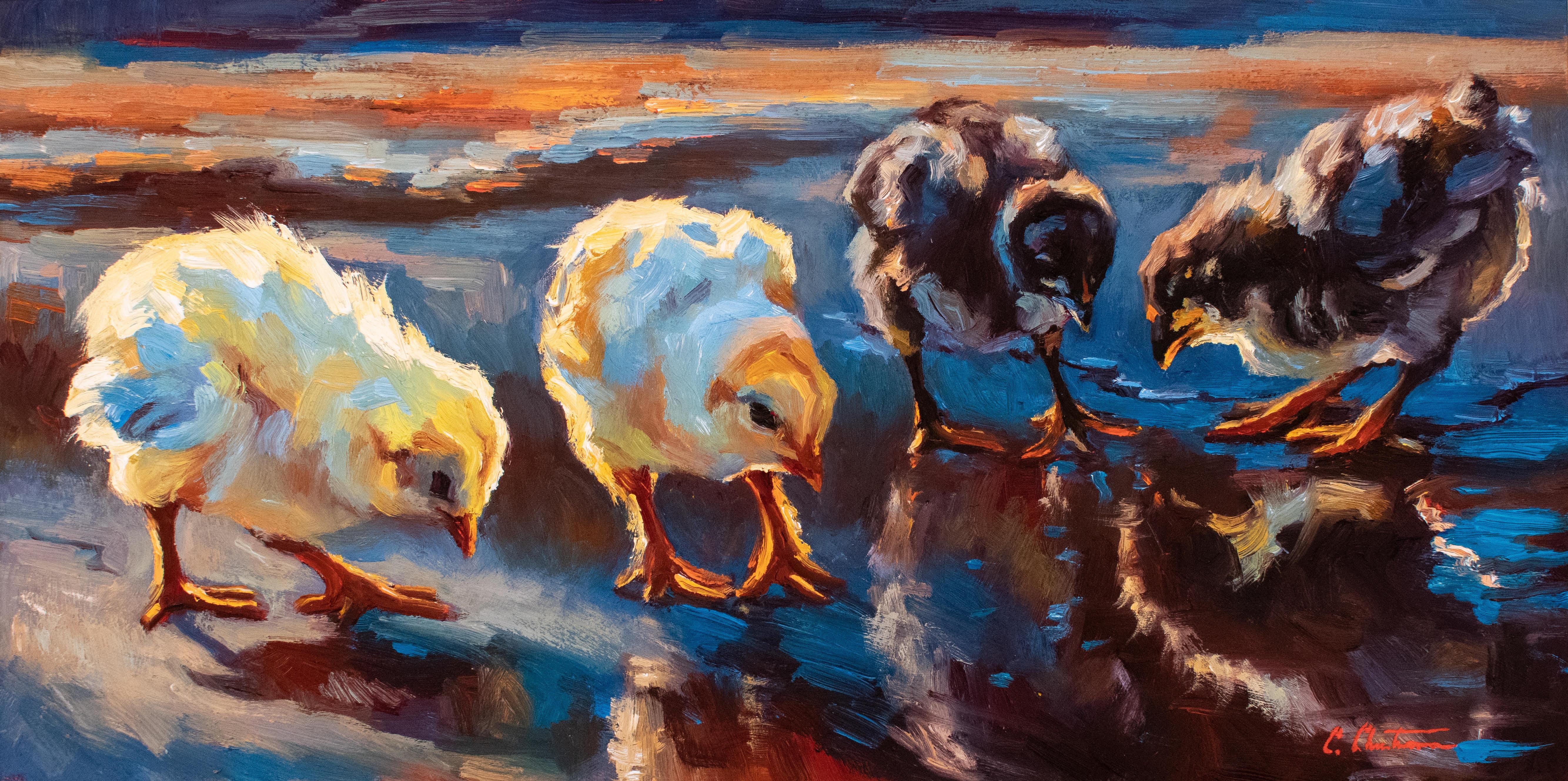 "Morning Reflections" horizontal oil painting of yellow and brown chicks
