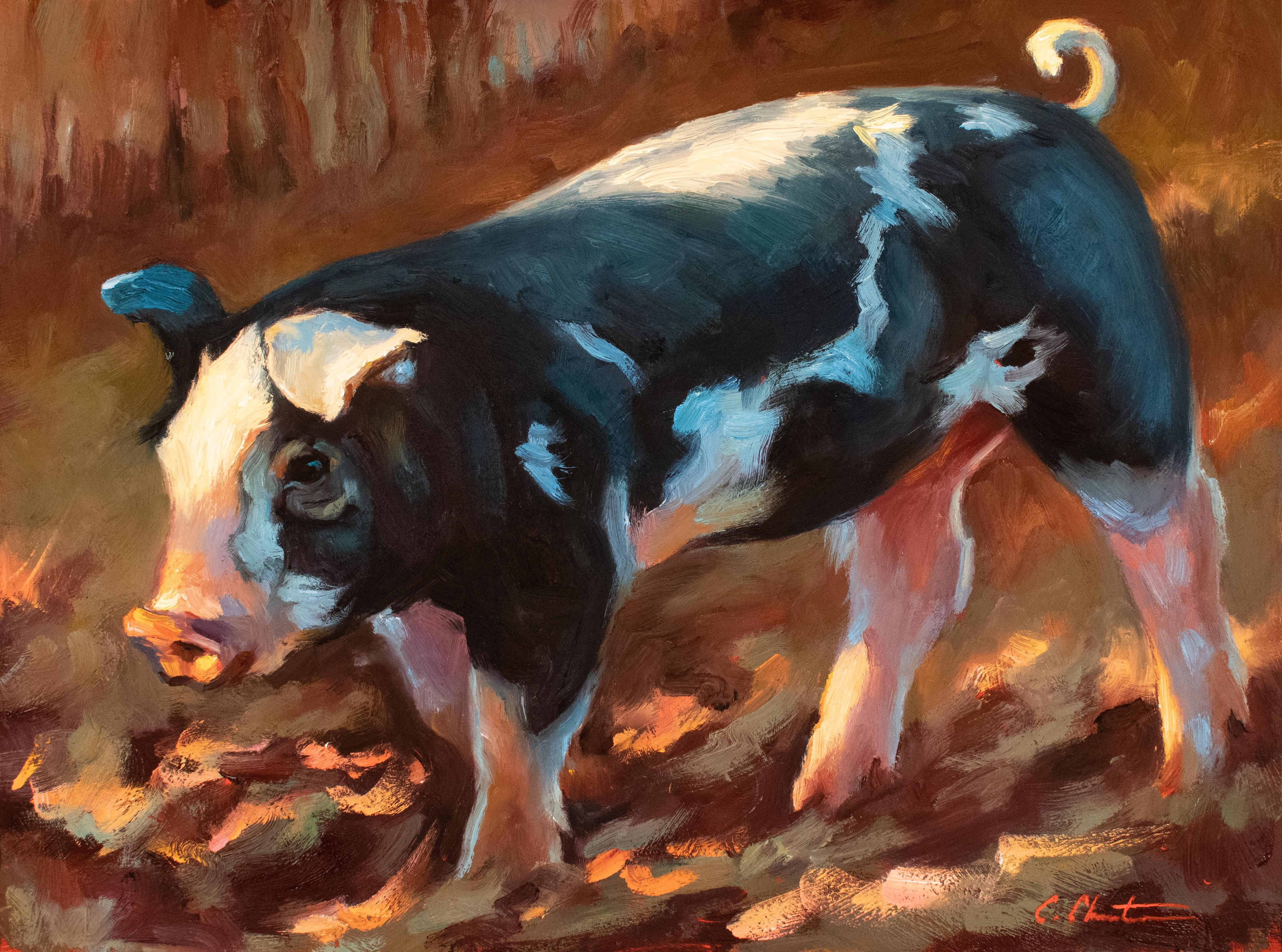 Cheri Christensen Animal Painting - "Piggy" impressionist style oil painting of a black and white piglet