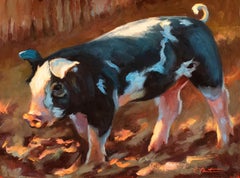 "Piggy" impressionist style oil painting of a black and white piglet