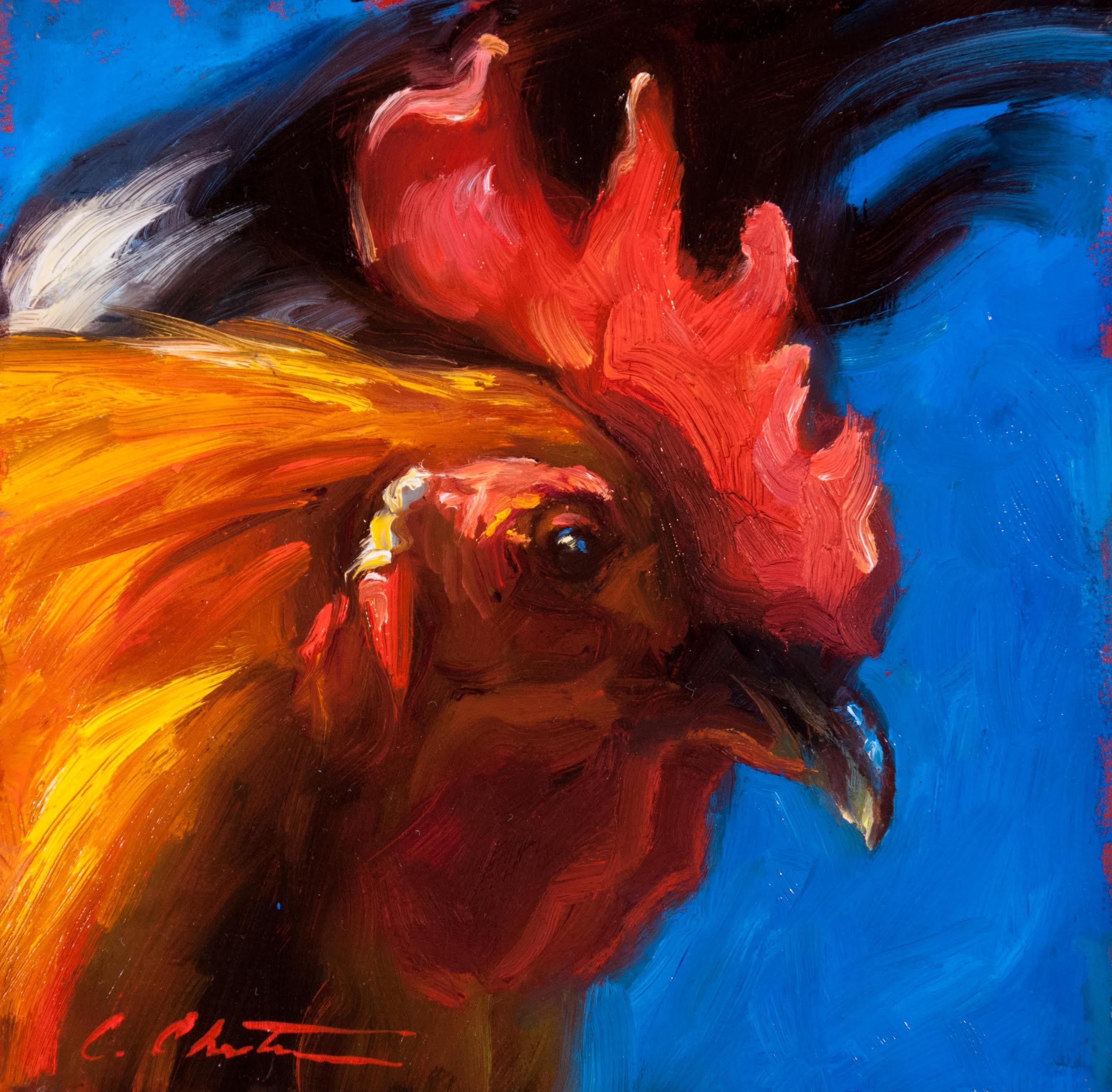 Cheri Christensen Animal Painting - "Profiler II" Oil painting of a red rooster in profile with Blue background