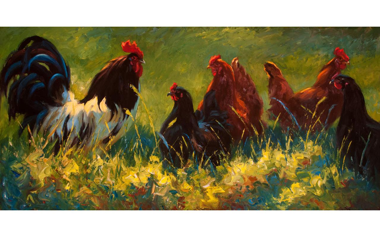 Cheri Christensen Animal Painting - "Protecting the Flock" oil painting of hens and a rooster in a green field