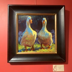 "Quackers" impressionist style oil painting of two ducks in a field